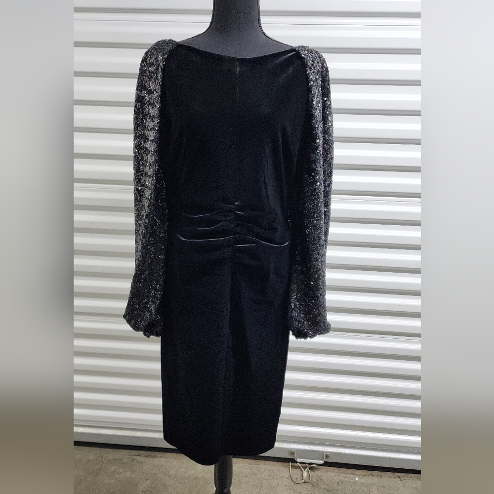 Chiara Boni La Petite RobeRuched Sequin-Sleeve Velvet Dress, Size 48